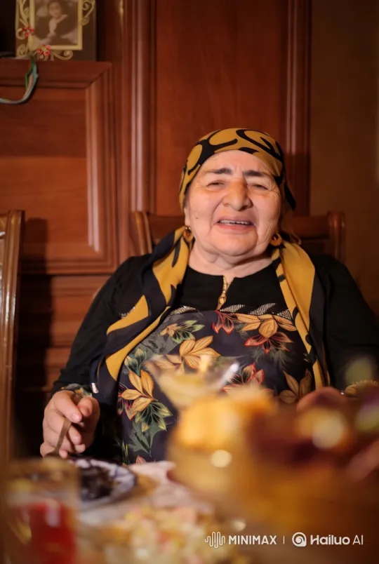 Elderly Woman in Cozy Dining Setting with Warm Smile – AI Generated Video | Hailuo AI