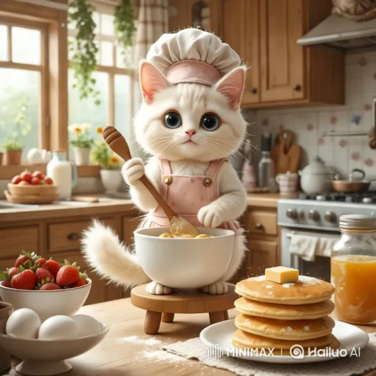 Cat Chef Whisking Pancakes in Cozy Kitchen – AI Generated Video | Hailuo AI
