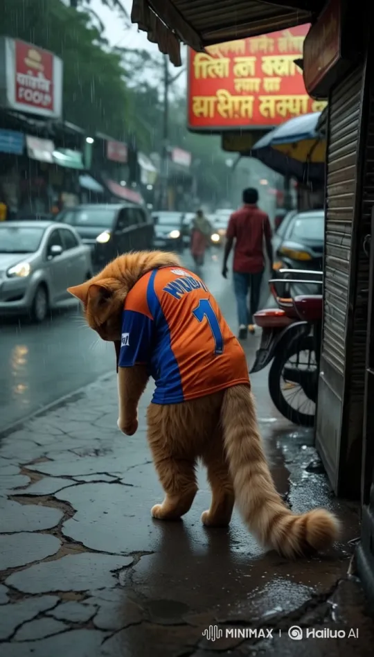 Despondent Cat Mimics Human Slouch in New Delhi Rain – AI Generated Video | Hailuo AI