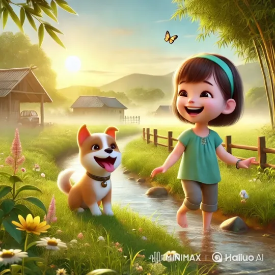 Baby and Dog Frolic in Golden Countryside – AI Generated Video | Hailuo AI