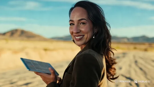Woman Contemplates in Vast Desert with Tablet – AI Generated Video | Hailuo AI