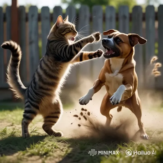 Playful Cat and Dog Interaction in Backyard – AI Generated Video | Hailuo AI