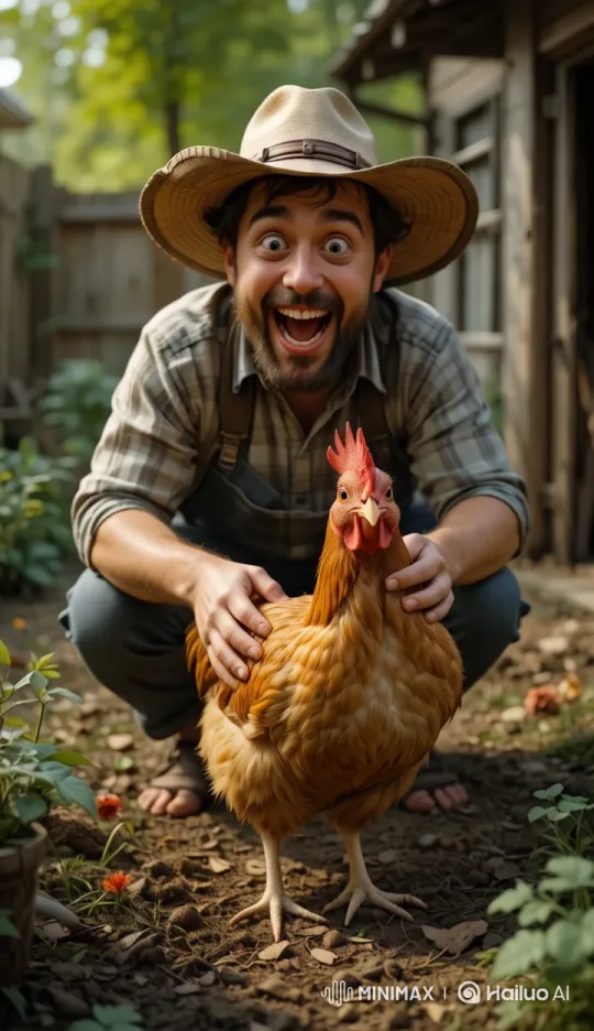 Farmer's Joyful Discovery of Healthy Hen in Backyard – AI Generated Video | Hailuo AI