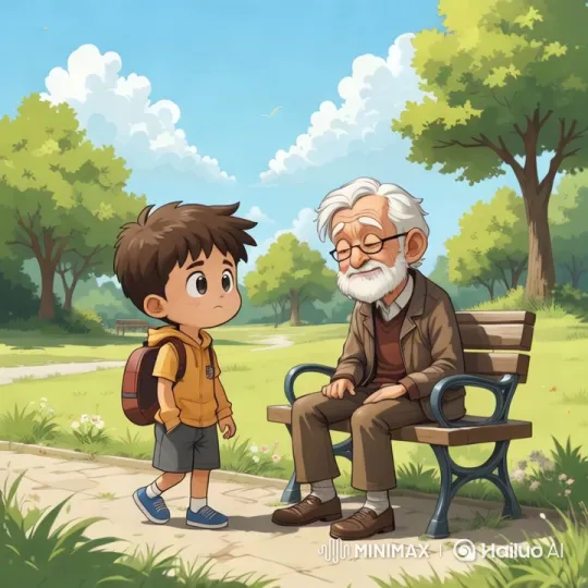 Park Scene: Boy Meets Elderly Man in Tranquil Setting – AI Generated Video | Hailuo AI