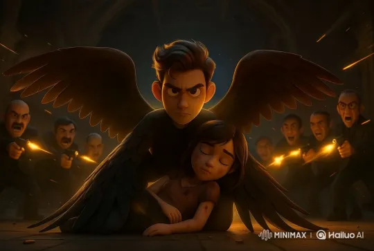 Man Shields Injured Girl with Wings Amid Gunfire – AI Generated Video | Hailuo AI