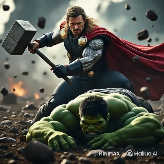 Thor Preparing to Strike Hulk Amidst Chaos – AI Generated Video | Hailuo AI