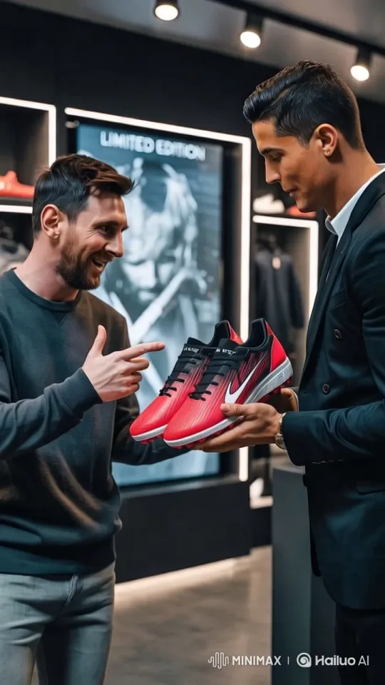 Messi and Ronaldo Promote Soccer Shoes in Modern Sports Store – AI Generated Video | Hailuo AI