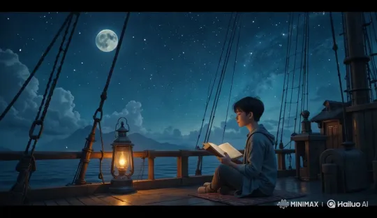 Boy Reads by Lantern Light on Starry Night Deck – AI Generated Video | Hailuo AI