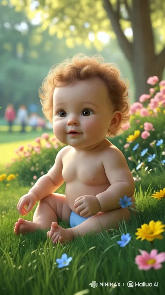 Baby in Sunlit Park: Serene Cinematic Tracking Shot – AI Generated Video | Hailuo AI