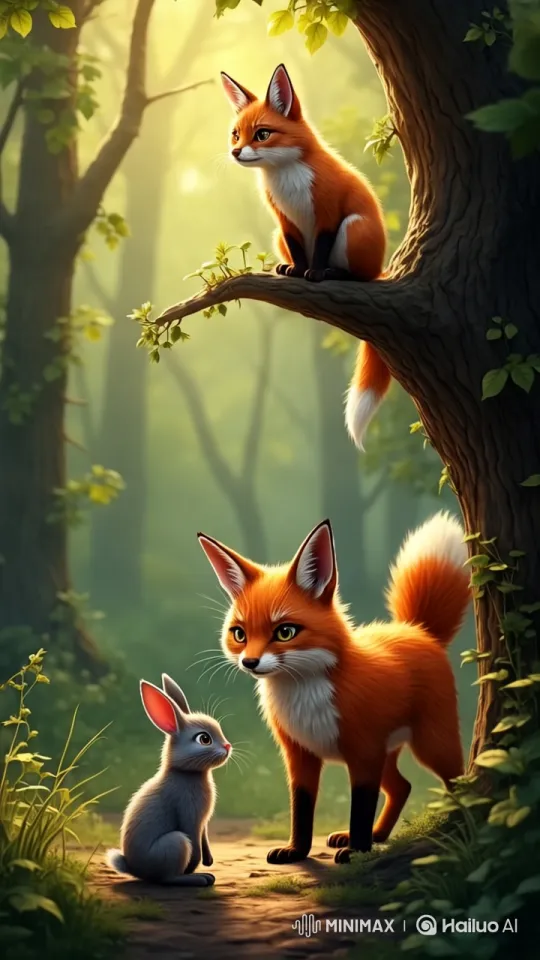 Forest Drama: Cat Watches, Fox Threatens Rabbit – AI Generated Video | Hailuo AI