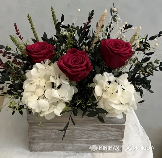 Artistic Close-Up of Vibrant Flower Arrangement in Rustic Box – AI Generated Video | Hailuo AI