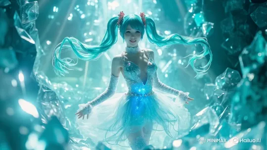 Enchanted Character in Glowing Outfit Amidst Crystal Structures – AI Generated Video | Hailuo AI
