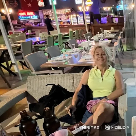 Woman Enjoying Beer in Lively Outdoor Restaurant – AI Generated Video | Hailuo AI