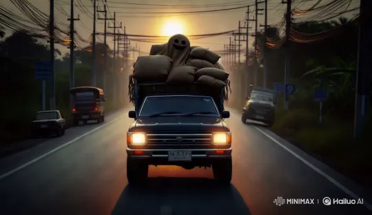 Rustic Road Sunset with Ghost Figure on Truck – AI Generated Video | Hailuo AI
