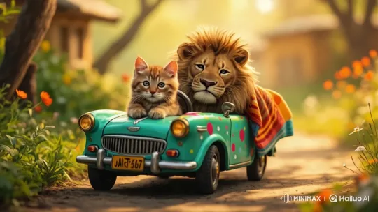 Whimsical Garden: Majestic Lion and Kitten in Toy Car – AI Generated Video | Hailuo AI