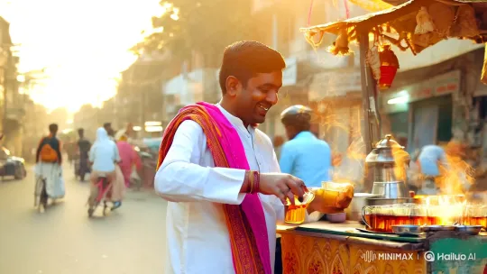 Vibrant Morning Tea Stall on a Bustling Indian Street – AI Generated Video | Hailuo AI