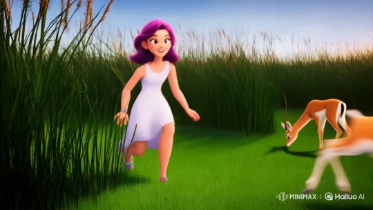 Young Woman Meets Gazelles in Lush Savanna - Disney-Style Animation – AI Generated Video | Hailuo AI
