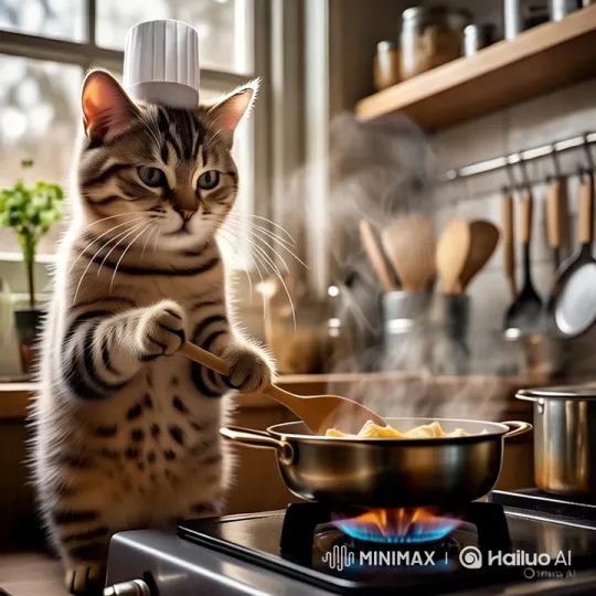 Tabby Cat Chef Stirs Up Whimsy in Cozy Kitchen – AI Generated Video | Hailuo AI