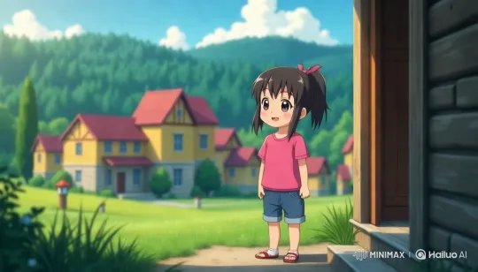 Joyful Girl Exits Wooden House into Serene Landscape – AI Generated Video | Hailuo AI