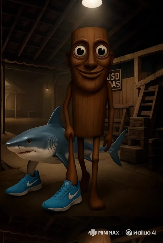 Animated Confrontation: Wooden Figure vs. Blue-Sneakered Shark – AI Generated Video | Hailuo AI
