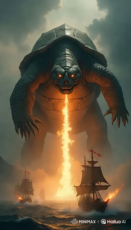 Monstrous Turtle Attacks Japanese Warships in Stormy Imjin War – AI Generated Video | Hailuo AI