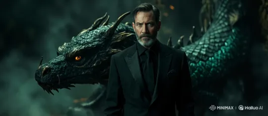 Confident Man Faces Majestic Dragon in Dark Live2D Scene – AI Generated Video | Hailuo AI