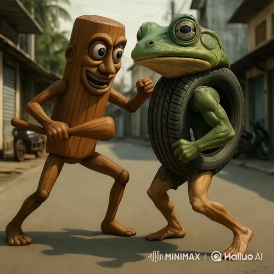 Wooden Figure and Frog Engage in Playful Street Fight – AI Generated Video | Hailuo AI