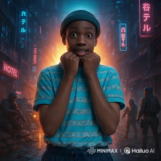 Contemplative Youth Amidst Neon-Lit Urban Tension – AI Generated Video | Hailuo AI