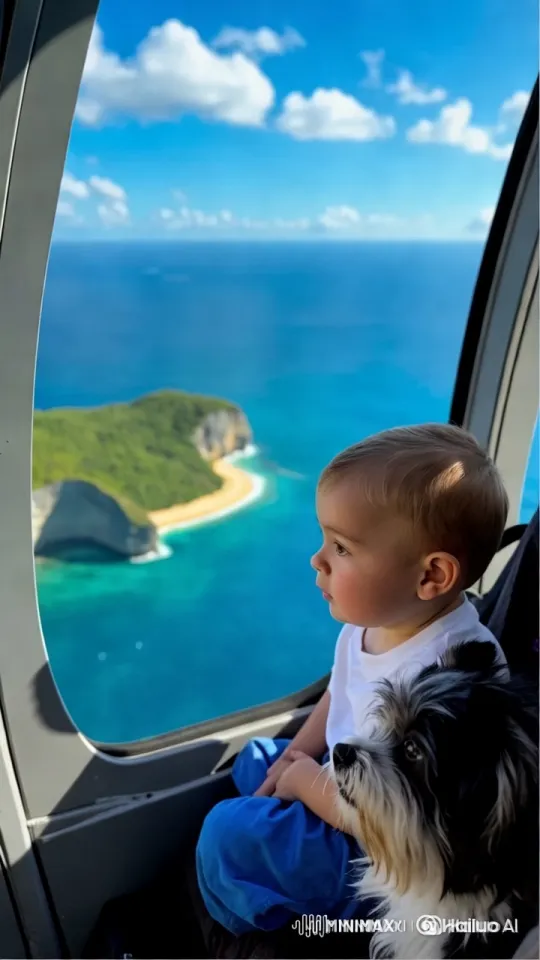 Baby and Dog Enjoy Island View from Helicopter – AI Generated Video | Hailuo AI