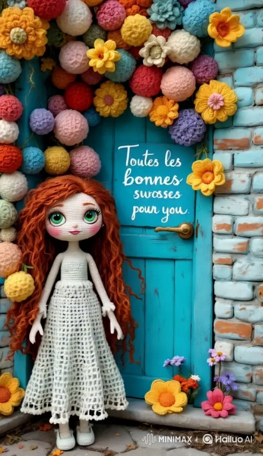 Magical Growth of Knitted Flowers on a Vibrant Door – AI Generated Video | Hailuo AI