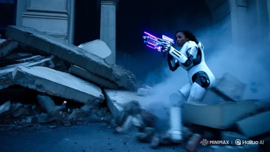 Exosuit-Wearing Woman Navigates Urban Ruins in Intense Chase – AI Generated Video | Hailuo AI