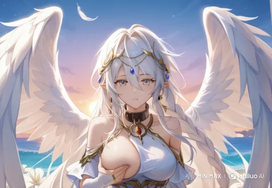 Serene Sunset: Angelic Figure on Tranquil Beach – AI Generated Video | Hailuo AI