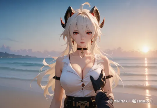 Blonde-Horned Character Enjoying Peaceful Sunset on Beach – AI Generated Video | Hailuo AI