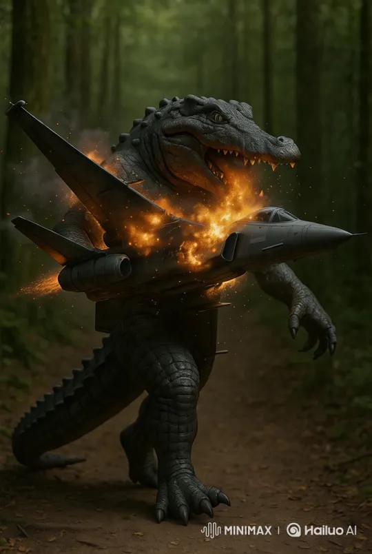 Fighter Jet Battles Enraged Giant Crocodile in Forest – AI Generated Video | Hailuo AI