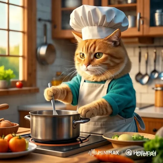 Ginger Cat Chef Prepares Meal in Cozy Kitchen – AI Generated Video | Hailuo AI