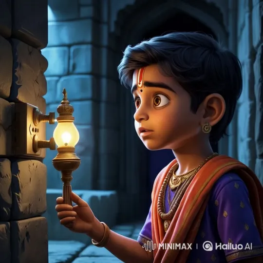 Young Boy Explores Stone Corridor with Lantern – AI Generated Video | Hailuo AI