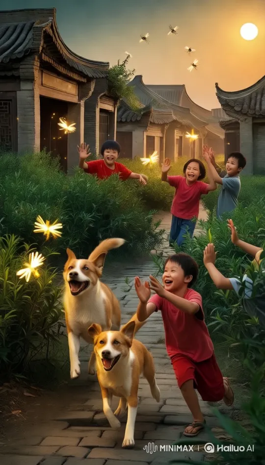 Village Childhood: Playful Dogs Chase Fireflies at Dusk – AI Generated Video | Hailuo AI