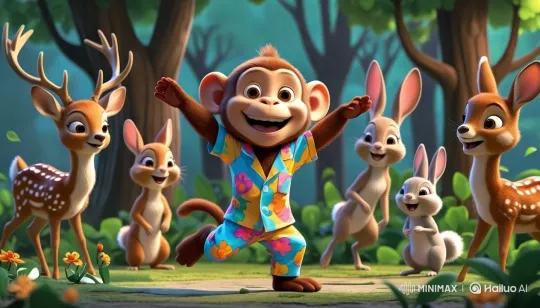 Monkey Dances Joyfully in Animated Forest Gathering – AI Generated Video | Hailuo AI