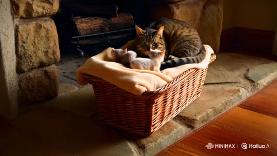 Cozy Living Room with Cat and Kittens Near Fireplace – AI Generated Video | Hailuo AI