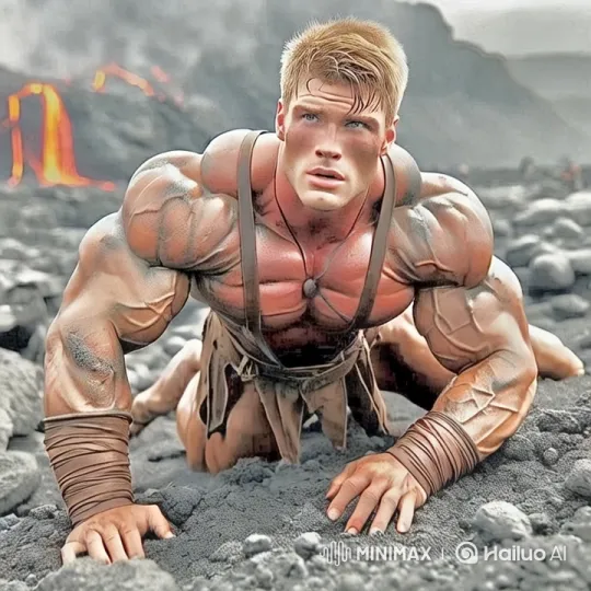 Bodybuilder Turns to Stone in Dramatic Volcanic Landscape – AI Generated Video | Hailuo AI