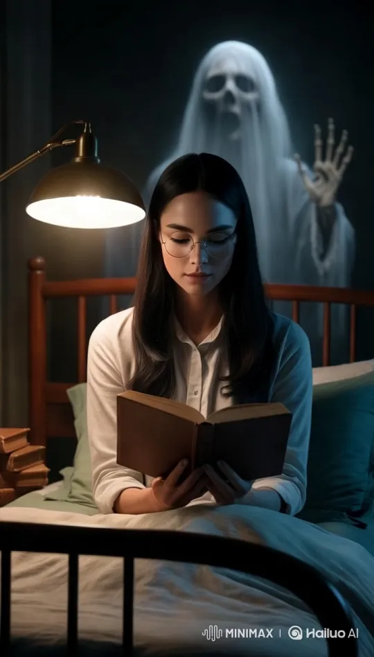 Young Woman Reads Unaware of Lurking Ghost in Dark Bedroom – AI Generated Video | Hailuo AI