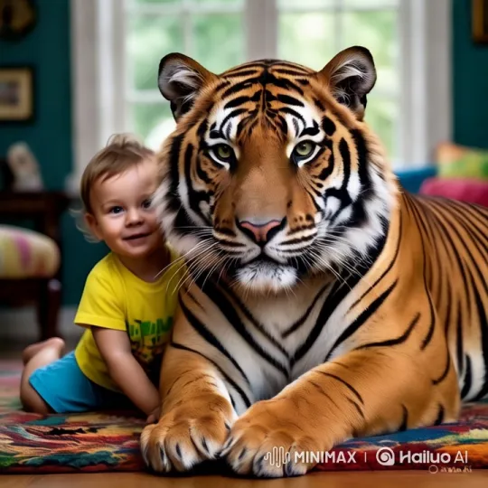 Child and Majestic Tiger Resting in Cozy Room – AI Generated Video | Hailuo AI
