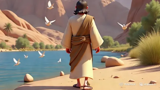 Jesus Walks Along Riverbank to Meet John in Serene Desert – AI Generated Video | Hailuo AI