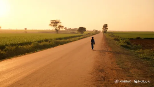 Boy's Journey: Determined Encounter with Bus on Golden Road – AI Generated Video | Hailuo AI