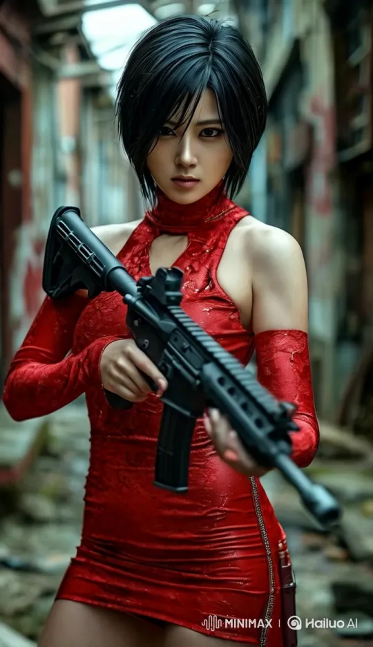 Red-Dressed Woman with Rifle in Alleyway Tracking Shot – AI Generated Video | Hailuo AI