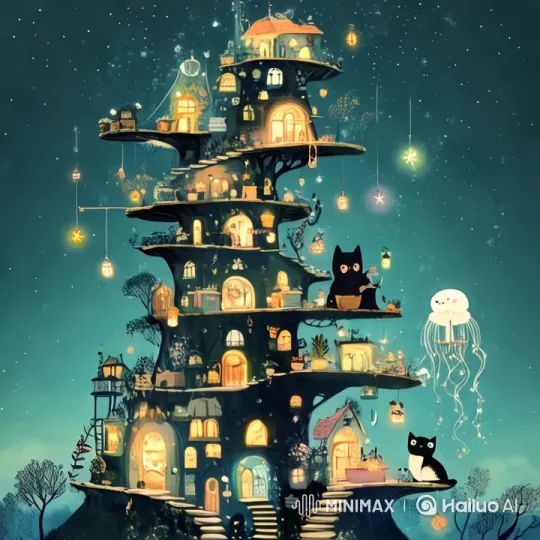 Magical Treehouse with Cats and Jellyfish Illuminated – AI Generated Video | Hailuo AI