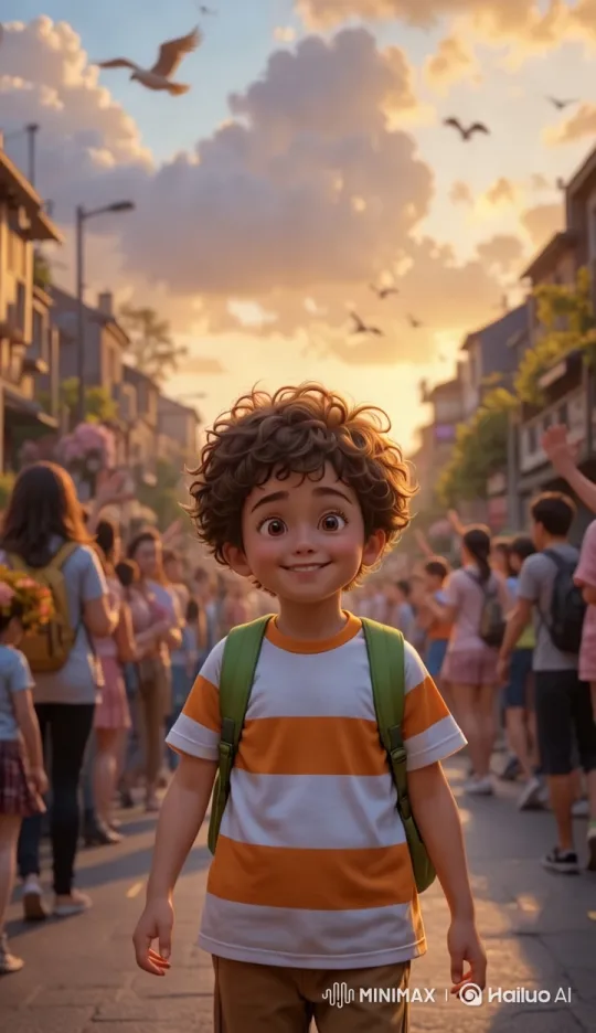 Boy Welcomed with Warmth and Flowers in Pixar-Style Sunset Scene – AI Generated Video | Hailuo AI