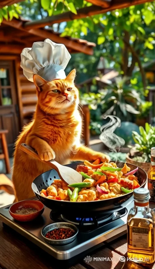 Tabby Cat Cooks Colorful Stir-Fry in Rustic Kitchen – AI Generated Video | Hailuo AI