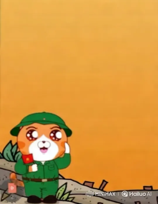 Animated Character Waves Flag in Vibrant Military Scene – AI Generated Video | Hailuo AI