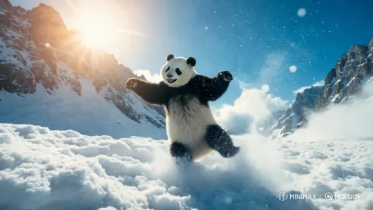 Fluffy Panda Dances Joyfully on Snowy Mountain at Sunrise – AI Generated Video | Hailuo AI